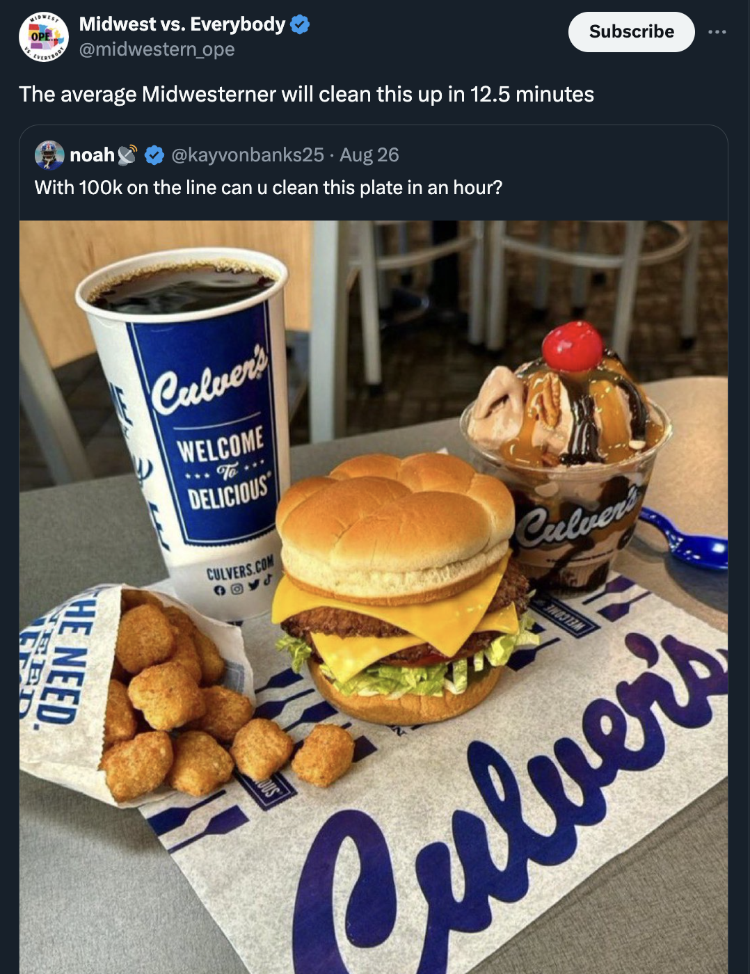 cheeseburger - Midwest vs. Everybody The average Midwesterner will clean this up in 12.5 minutes noah Aug 26 With on the line can u clean this plate in an hour? He Need. Culvers Welcome Delicious Subscribe Crewers.Com Culver Culver's